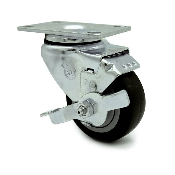 3.5 Inch Black Polyurethane Wheel Swivel Top Plate Caster with Brake SCC